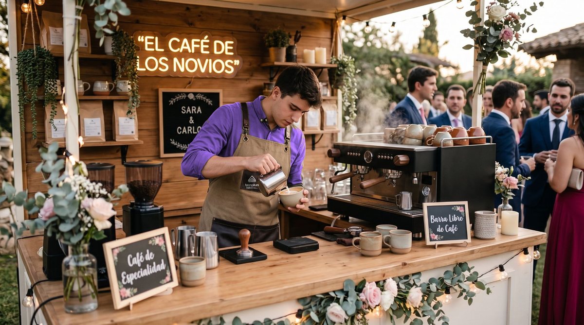 Barista de Tecnalium haciendo latte art en el córner de café de una boda