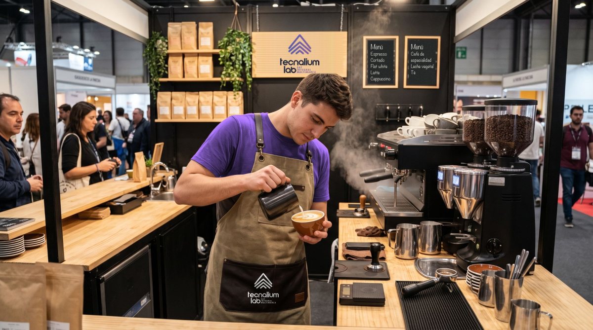Barista de Tecnalium sirviendo café de especialidad en el estand de una feria