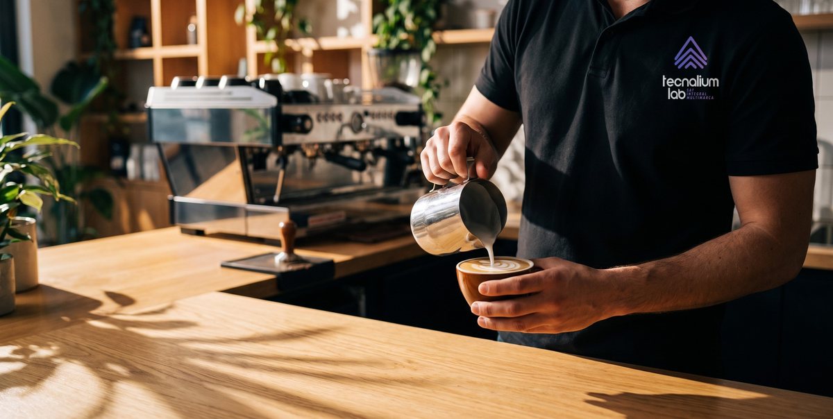 Barista de Tecnalium haciendo latte art en un curso en Madrid
